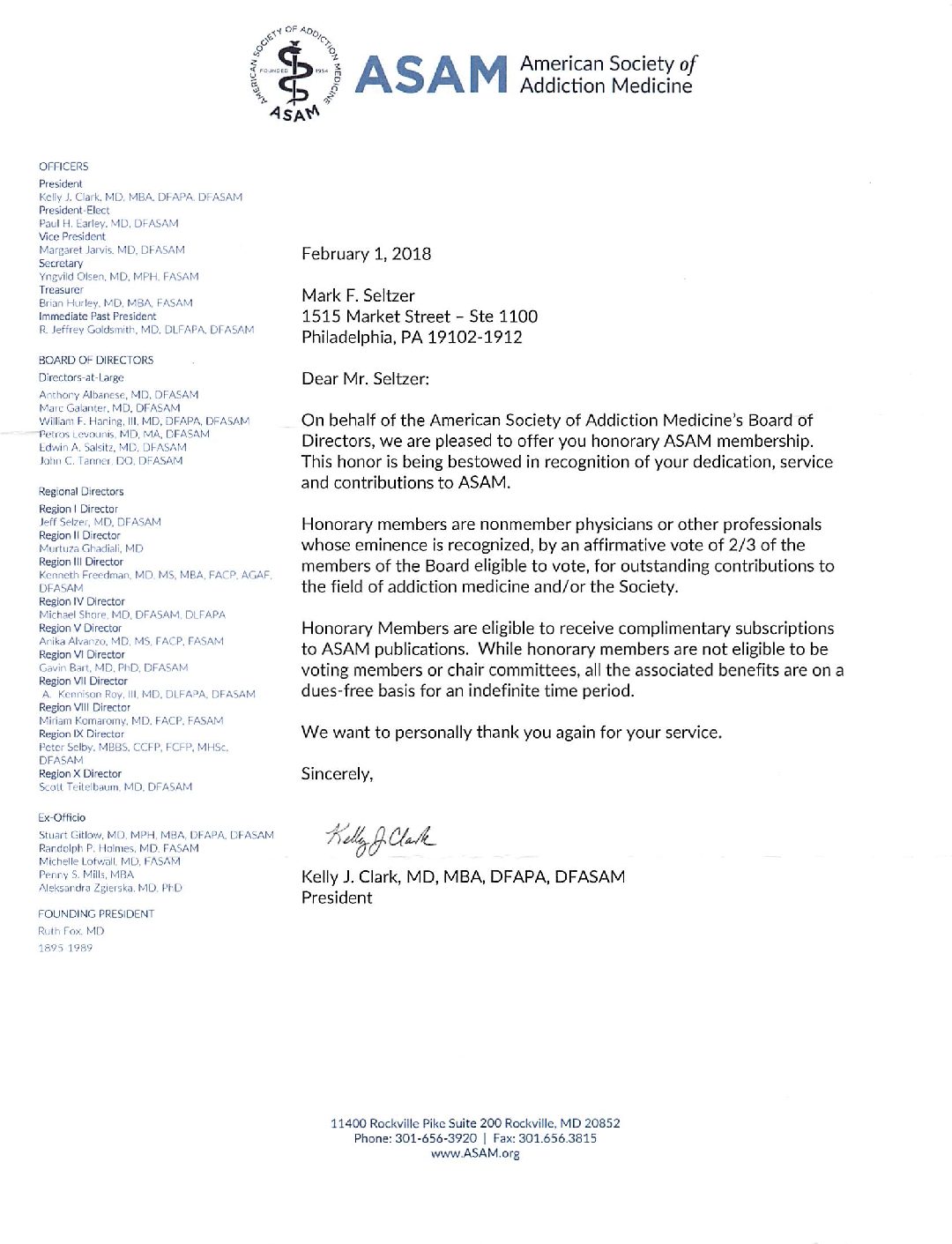 Letter From ASAM Re Honorary Membership 2018 Seltzer Associates